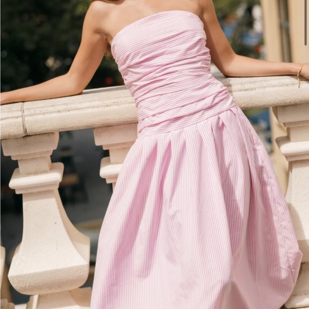 Petal & Pup Strapless Pink Ruched Bodice Midi Dress